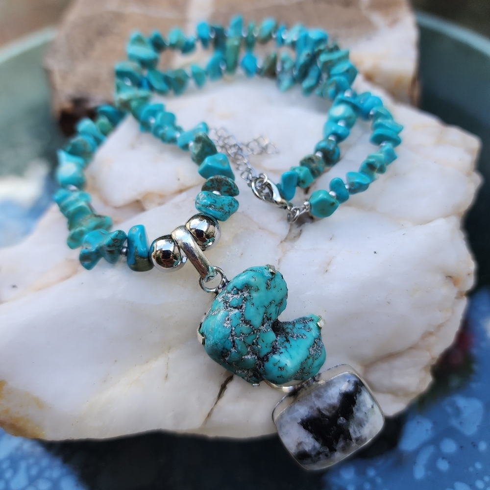 Genuine Turquoise Nuggets Necklace Silver 925 Pendant Natural Moonstone
